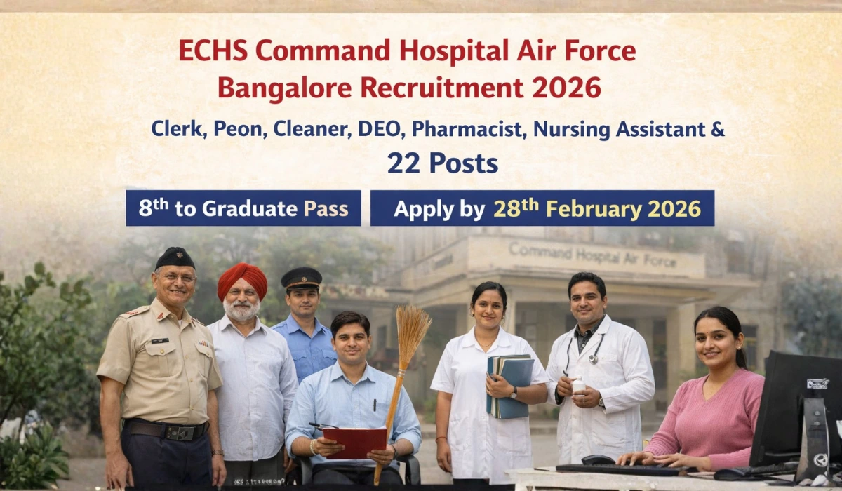 ECHS Command Hospital Air Force Bangalore Recruitment 2026: 8वीं से ग्रेजुएट पास के लिए Clerk, Peon, Cleaner, DEO, Pharmacist, Nursing Assistant सहित 22 पद – ऑफलाइन आवेदन