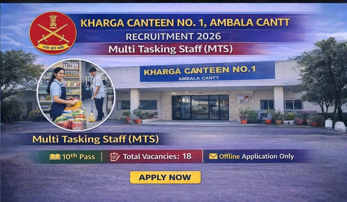 Kharga Canteen No. 1, Ambala Cantt Recruitment 2026: 10वीं पास के लिए Multi Tasking Staff भर्ती – ऑफलाइन आवेदन